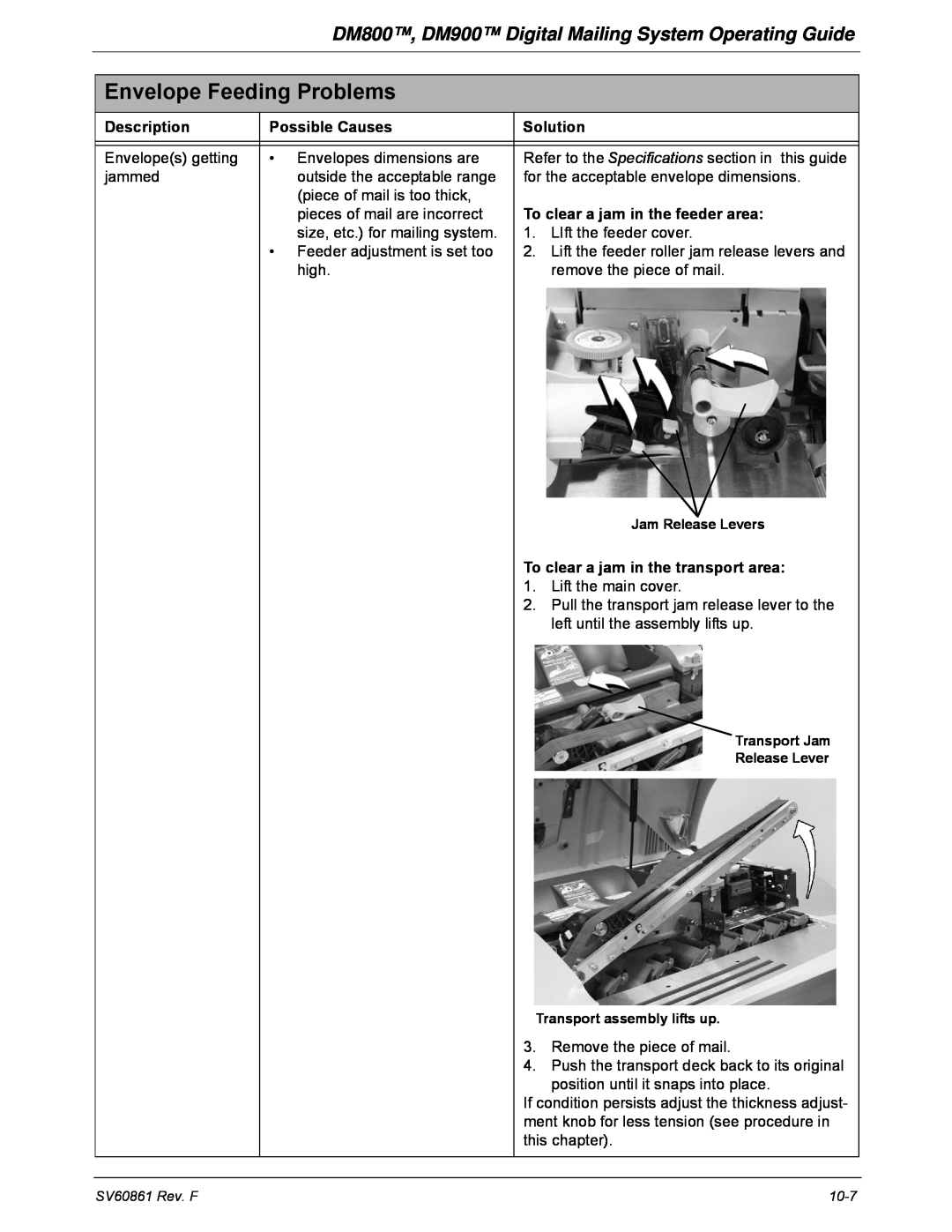Pitney Bowes Envelope Feeding Problems, DM800, DM900 Digital Mailing System Operating Guide, Description, Solution 