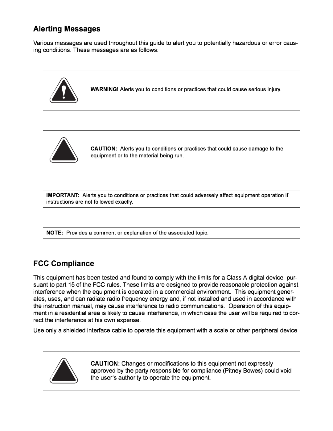 Pitney Bowes DM900, DM800 manual Alerting Messages, FCC Compliance 