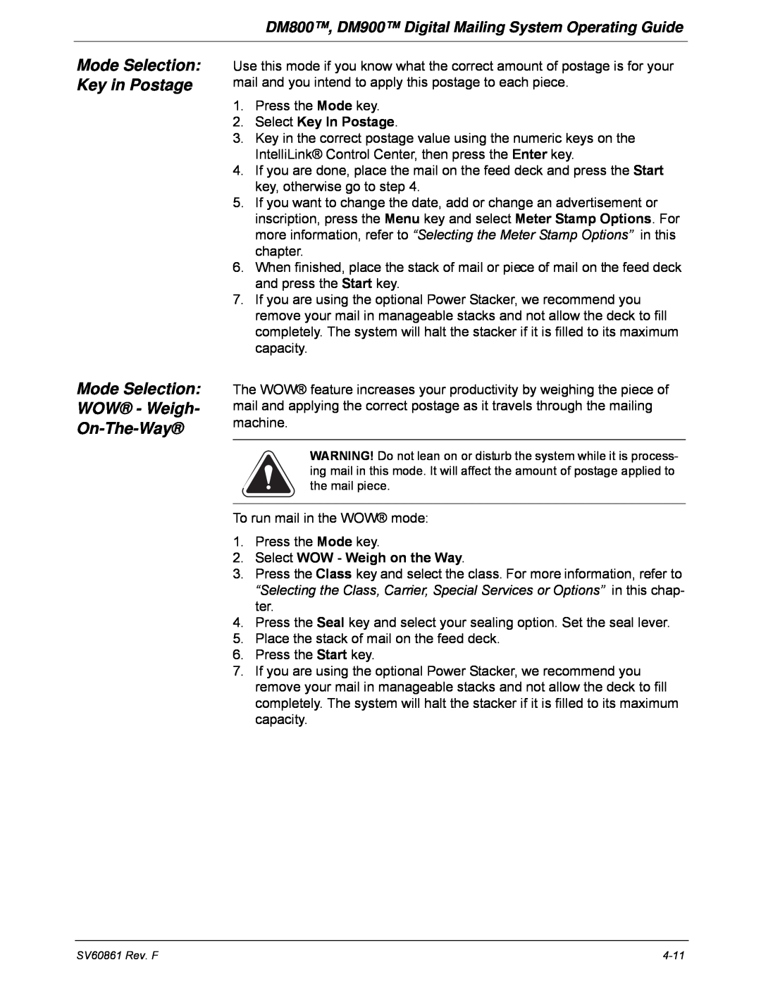 Pitney Bowes DM800, DM900 manual Mode Selection Key in Postage Mode Selection WOW - Weigh On-The-Way, Select Key In Postage 