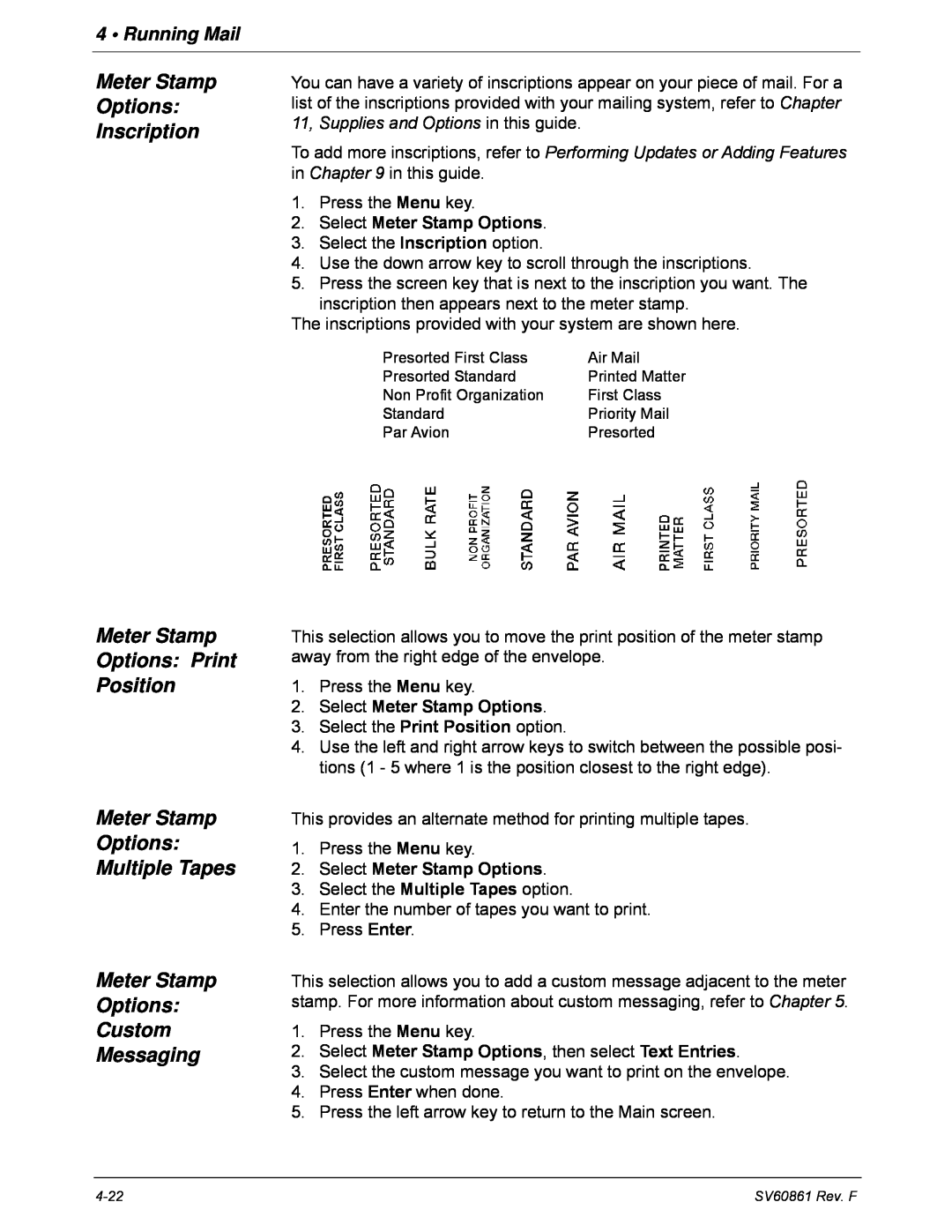 Pitney Bowes DM900, DM800 manual Meter Stamp Options Inscription Meter Stamp Options Print Position, Messaging, Running Mail 