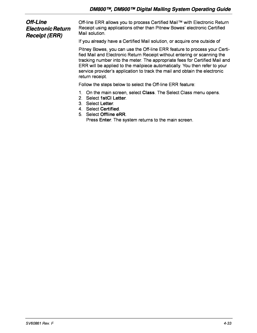 Pitney Bowes manual Off-Line Electronic Return Receipt ERR, DM800, DM900 Digital Mailing System Operating Guide 
