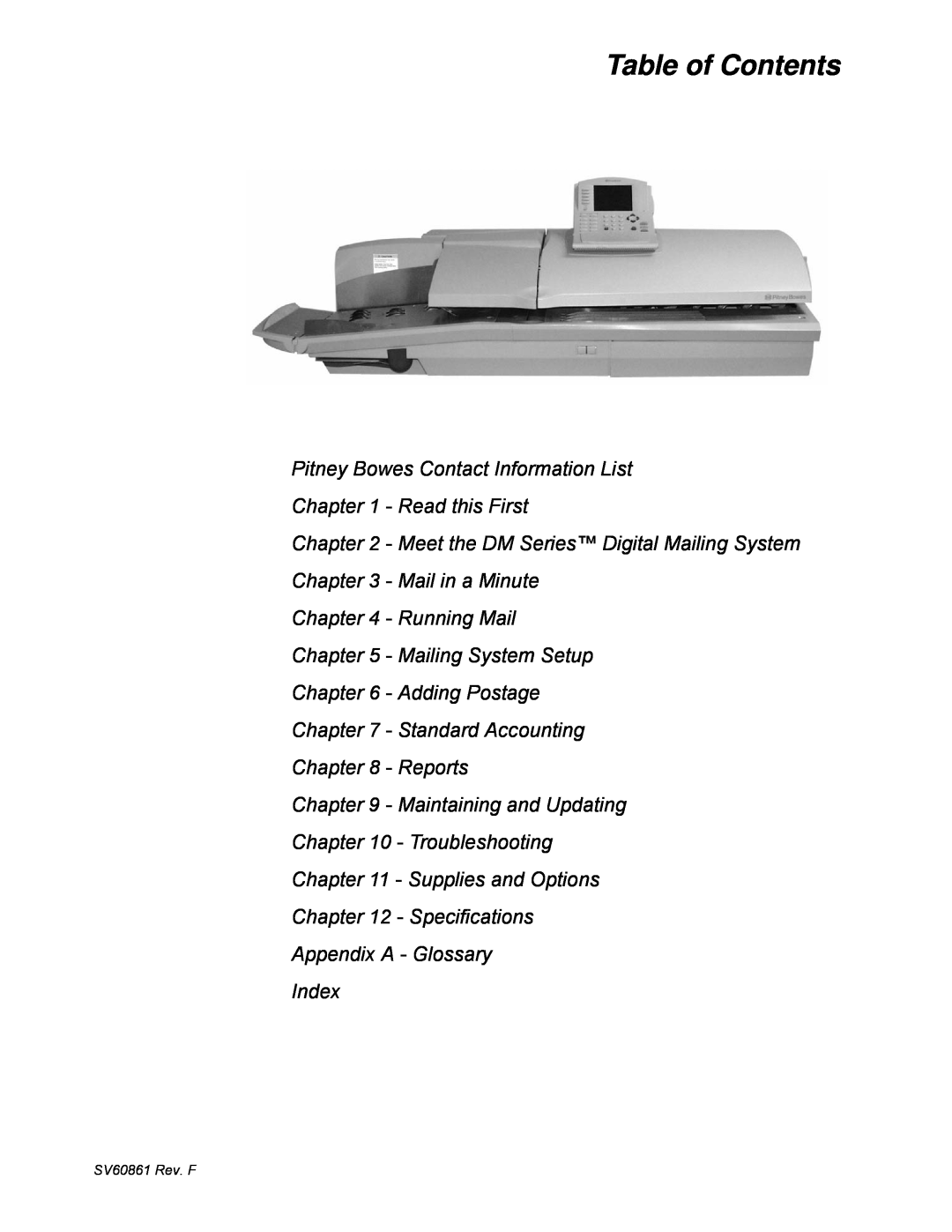 Pitney Bowes DM800, DM900 manual Table of Contents 