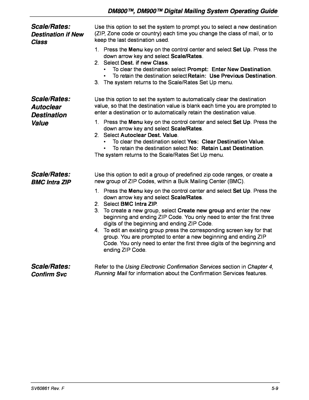 Pitney Bowes Scale/Rates Autoclear Destination Value, DM800, DM900 Digital Mailing System Operating Guide, Confirm Svc 