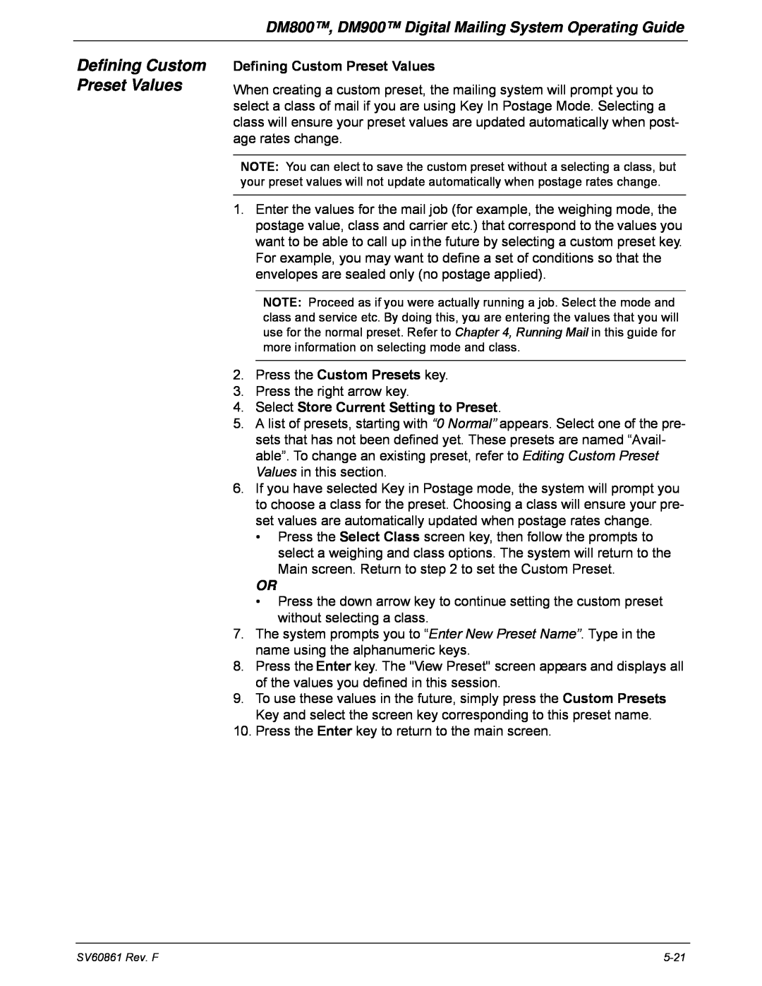 Pitney Bowes manual Defining Custom Preset Values, DM800, DM900 Digital Mailing System Operating Guide 