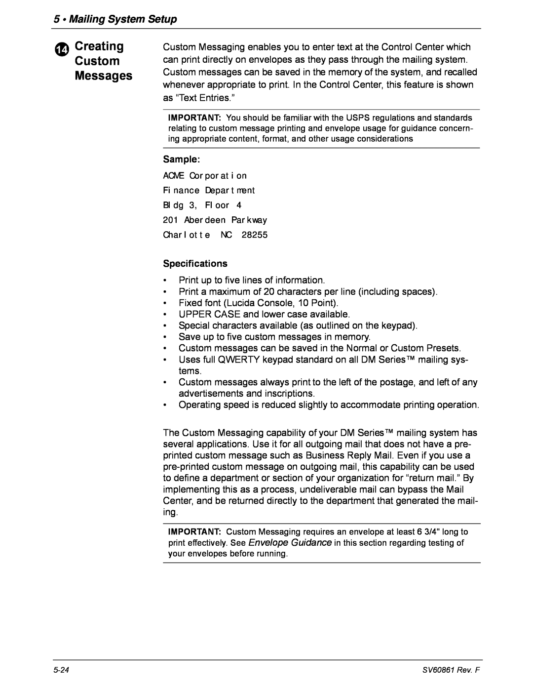Pitney Bowes DM900, DM800 manual Mailing System Setup, Sample, Specifications 
