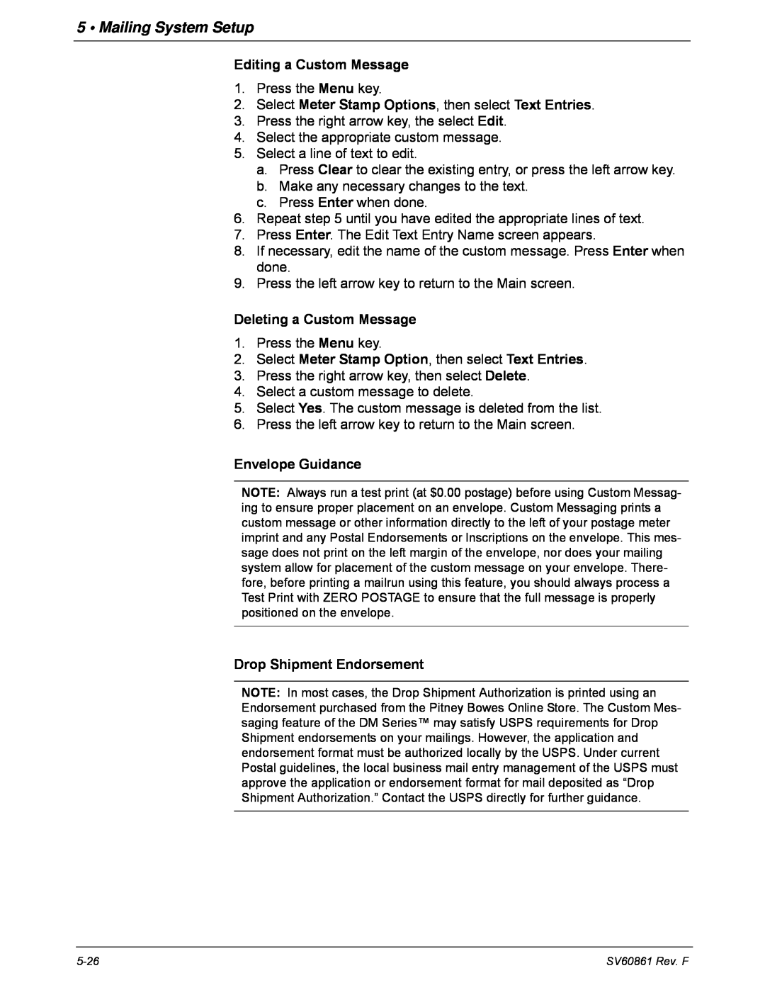 Pitney Bowes DM900 Mailing System Setup, Editing a Custom Message, Select Meter Stamp Options, then select Text Entries 