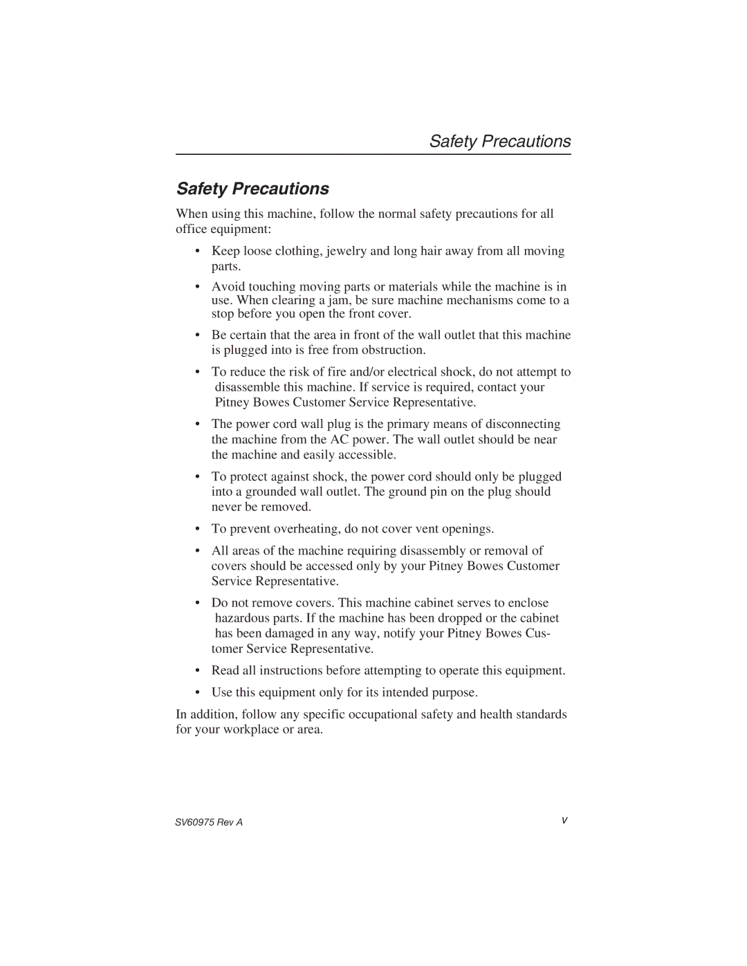 Pitney Bowes E589 manual Safety Precautions 