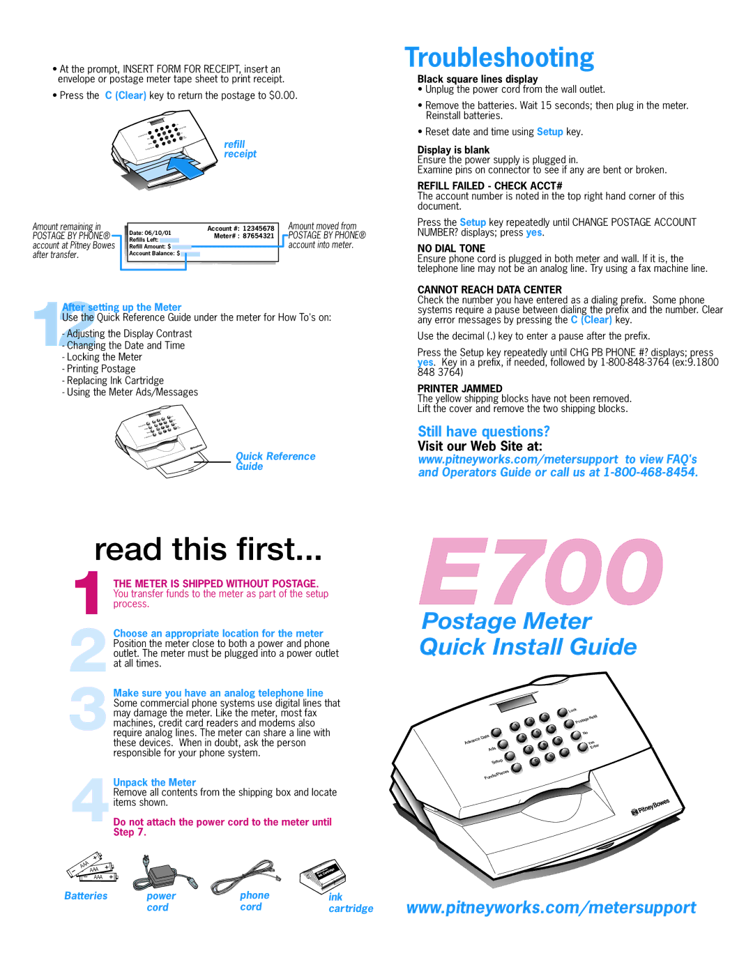 Pitney Bowes E700 manual Refill, Quick Reference Guide, Power Phone Ink Cord 