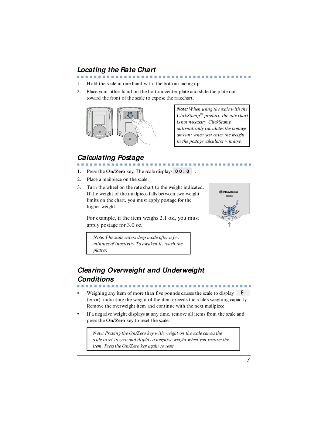 Pitney Bowes G790 manual Locating the Rate Chart, Calculating Postage, Clearing Overweight and Underweight Conditions 