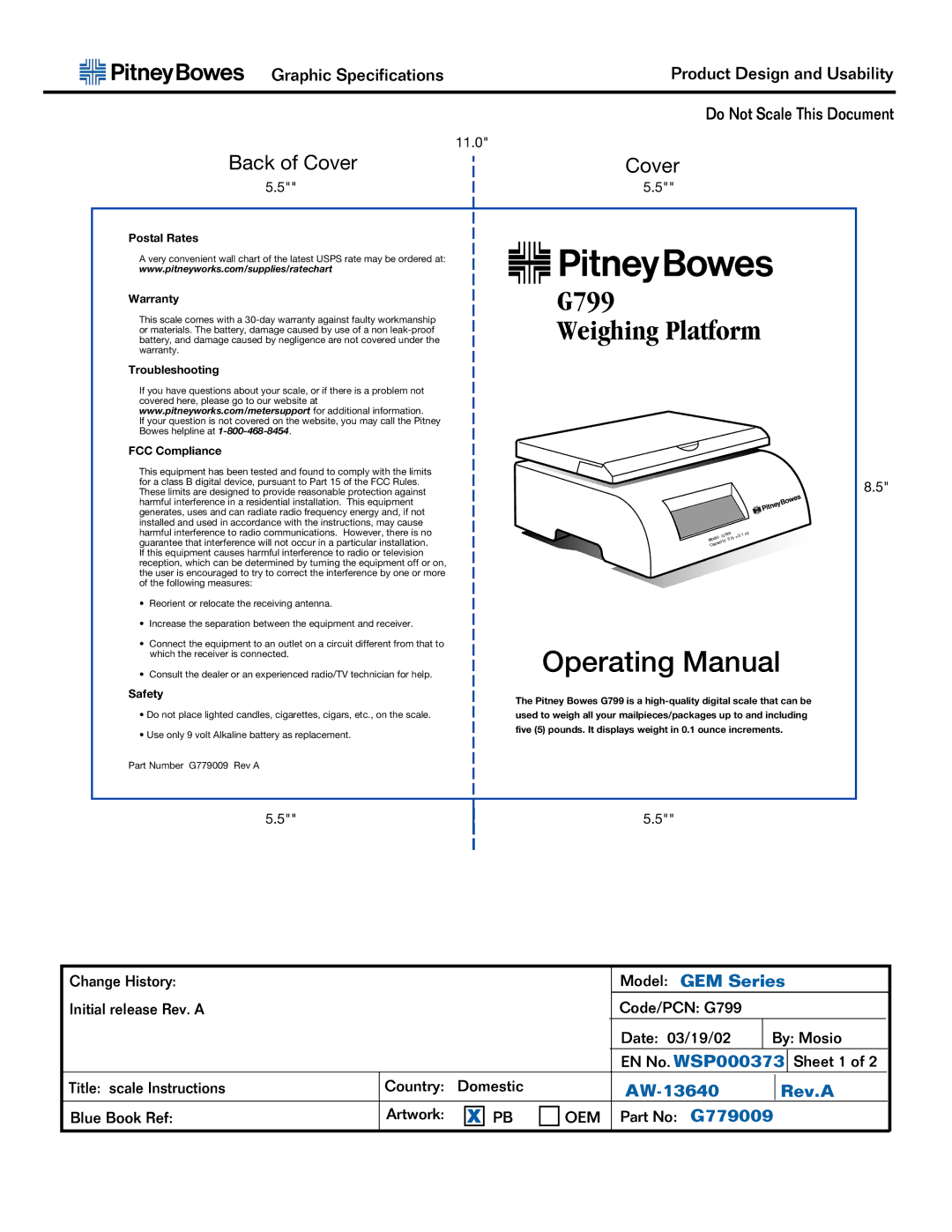 Pitney Bowes G799 warranty Back of Cover, Postal Rates Warranty, Troubleshooting, FCC Compliance, Safety 