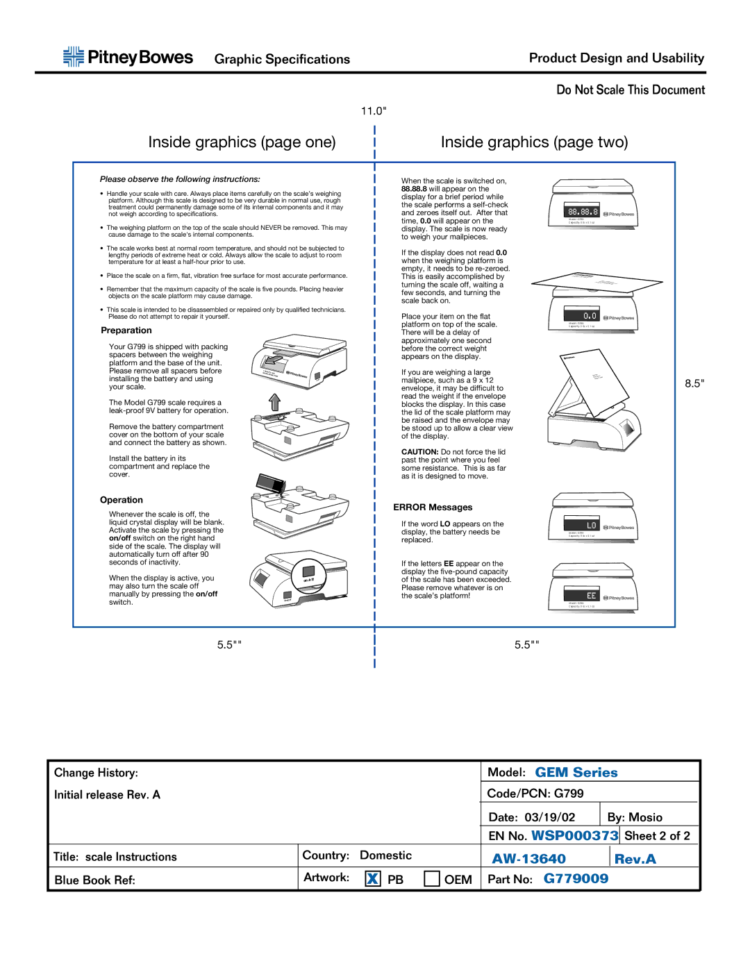 Pitney Bowes G799 warranty Inside graphics page one Inside graphics page two, Preparation, Operation, Error Messages 