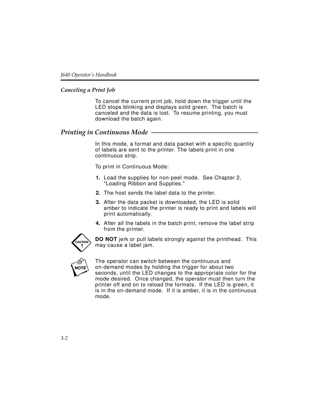 Pitney Bowes J640, J641 manual Printing in Continuous Mode, Canceling a Print Job 