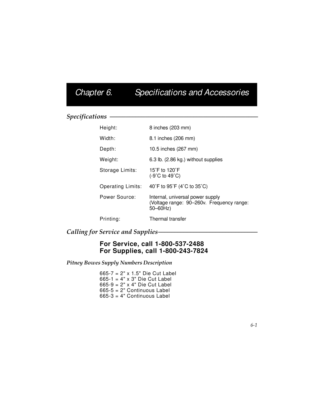 Pitney Bowes J641, J640 manual Specifications, Calling for Service and Supplies, Pitney Bowes Supply Numbers Description 