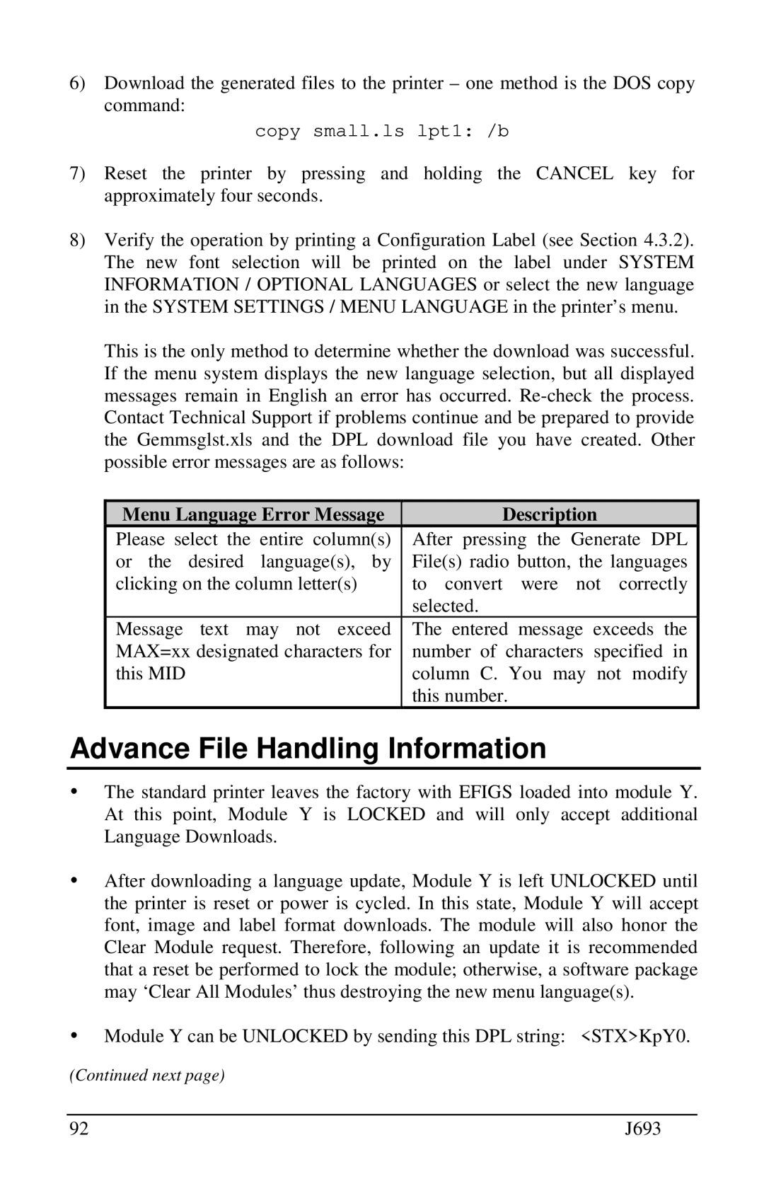 Pitney Bowes J693 manual OAdvance File Handling Information, Menu Language Error Message Description 