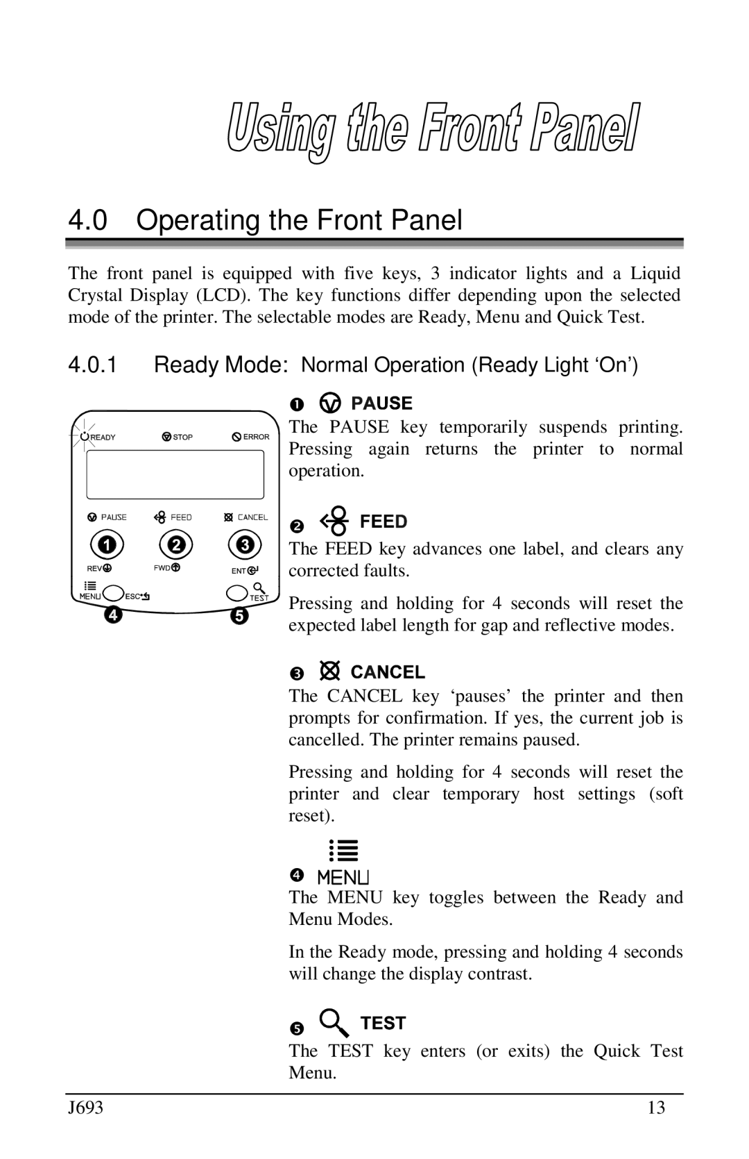 Pitney Bowes J693 manual Operating the Front Panel, Ready Mode Normal Operation Ready Light ‘On’ 