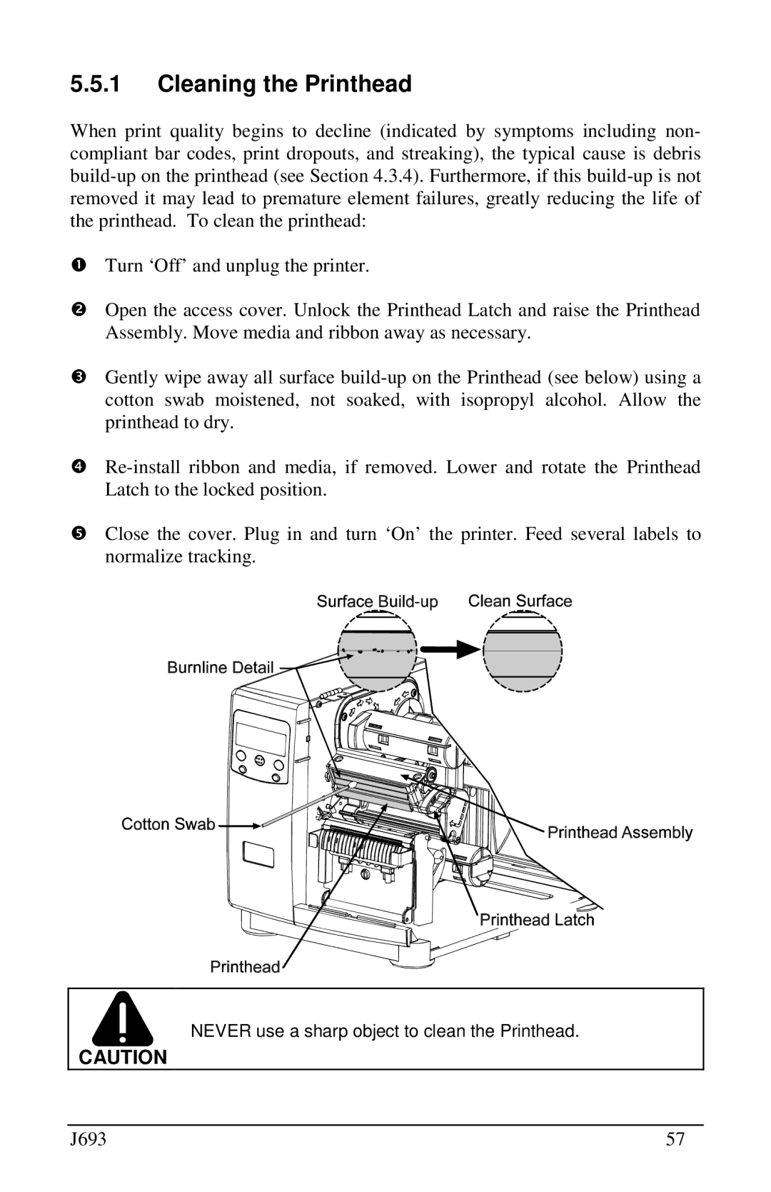 Pitney Bowes J693 manual Cleaning the Printhead 