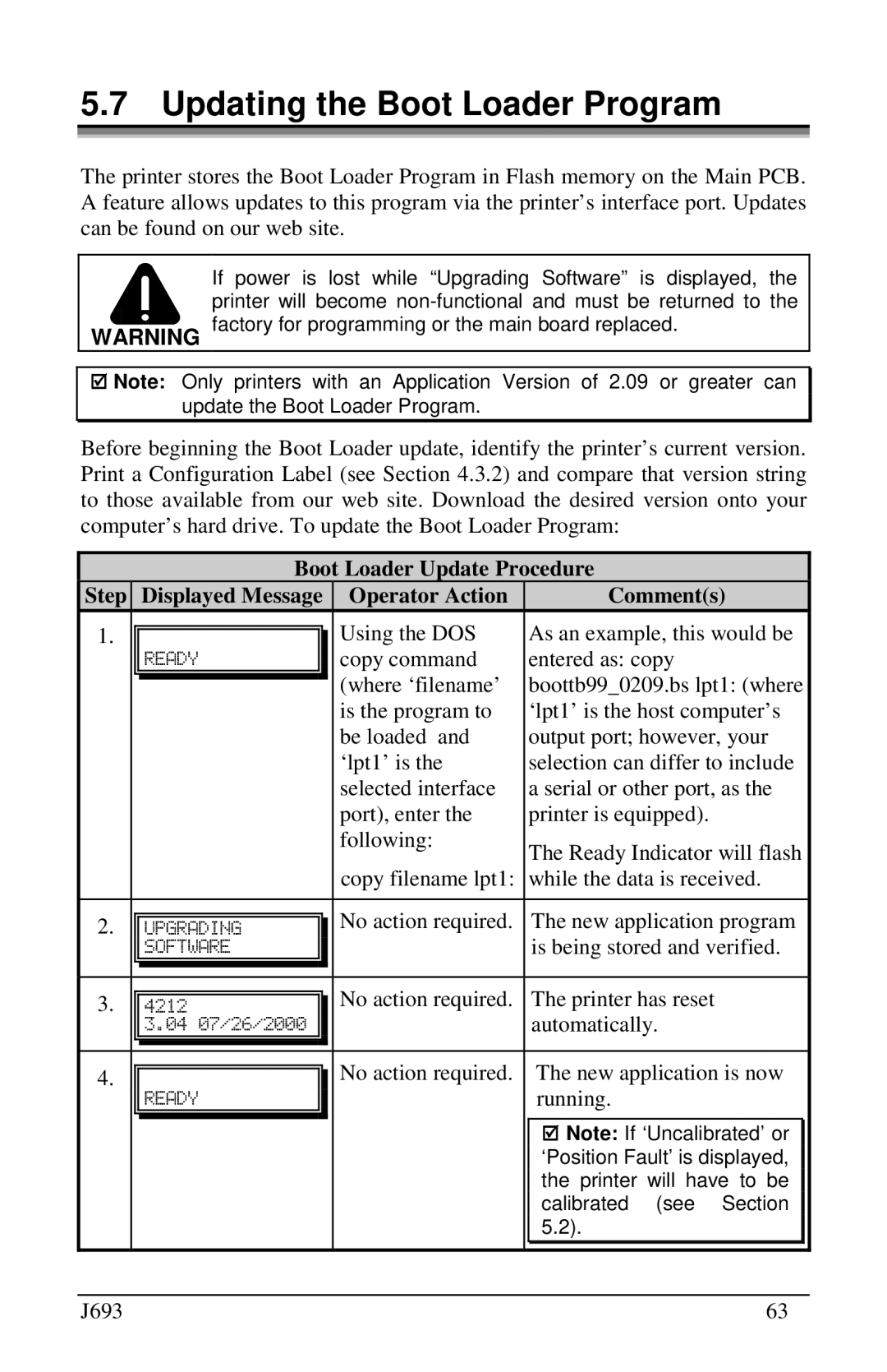 Pitney Bowes J693 manual Updating the Boot Loader Program 