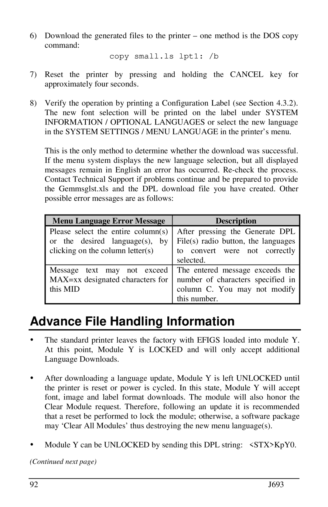 Pitney Bowes J693 OAdvance File Handling Information, copy small.ls lpt1 /b, Menu Language Error Message, Description 