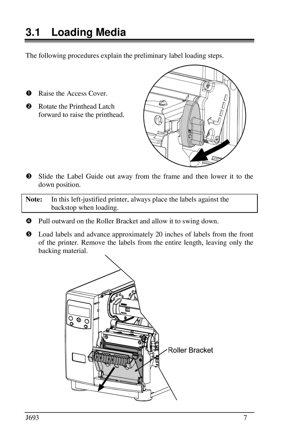 Pitney Bowes J693 manual Loading Media, Rotate the Printhead Latch pforward to raise the printhead 