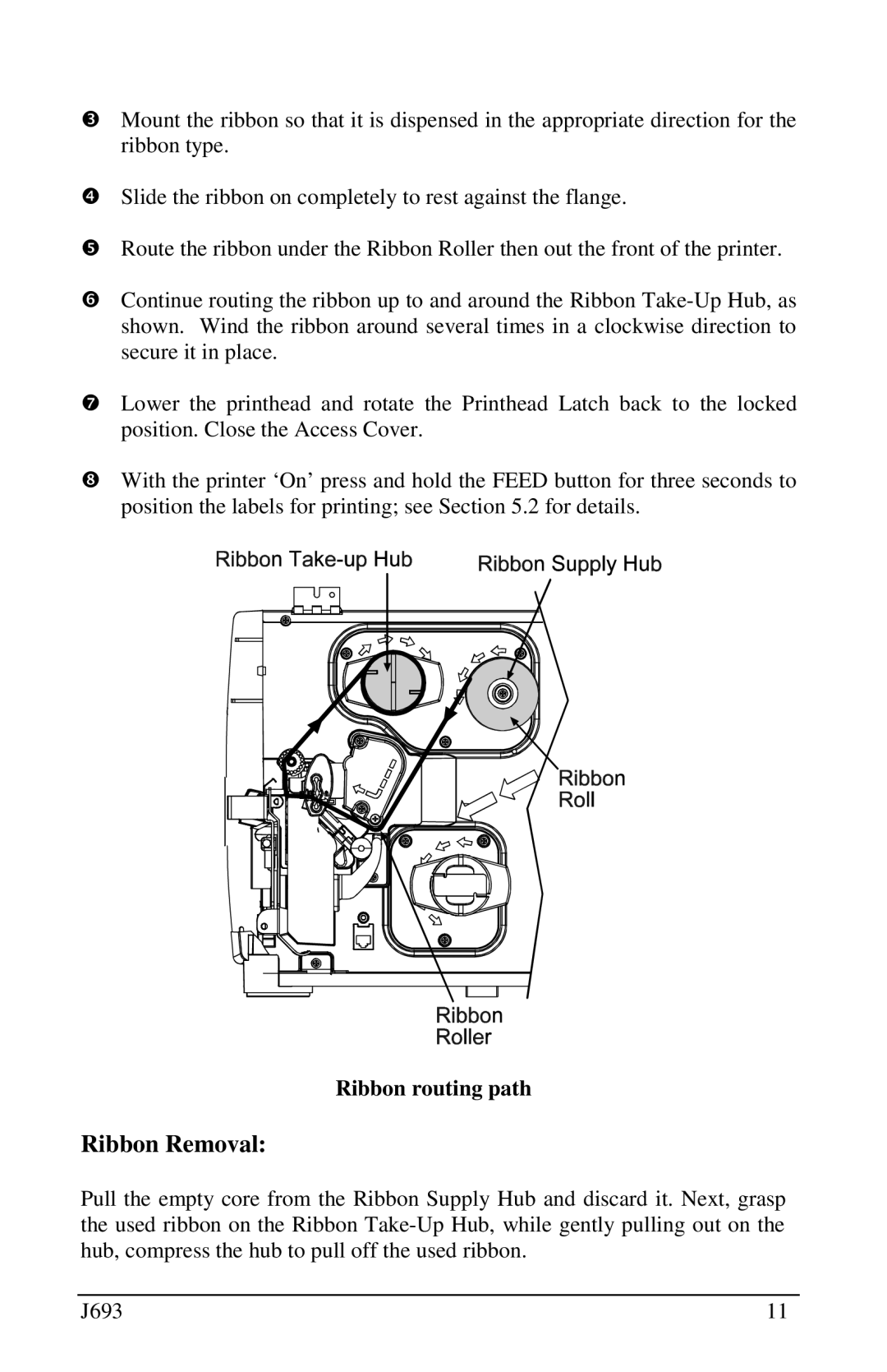 Pitney Bowes J693 manual Ribbon Removal, Ribbon routing path 