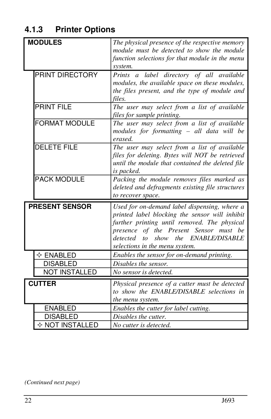 Pitney Bowes J693 manual 4.1.3, Printer Options 