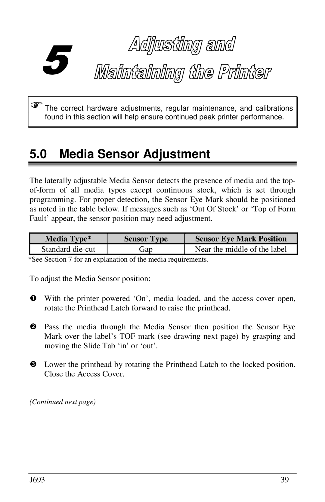 Pitney Bowes J693 manual Media Sensor Adjustment, Media Type, Sensor Type, Sensor Eye Mark Position 
