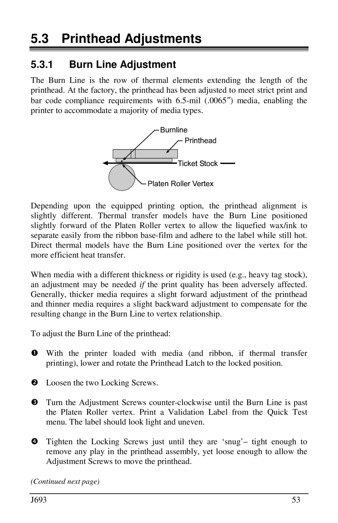 Pitney Bowes J693 manual Printhead Adjustments, Burn Line Adjustment 