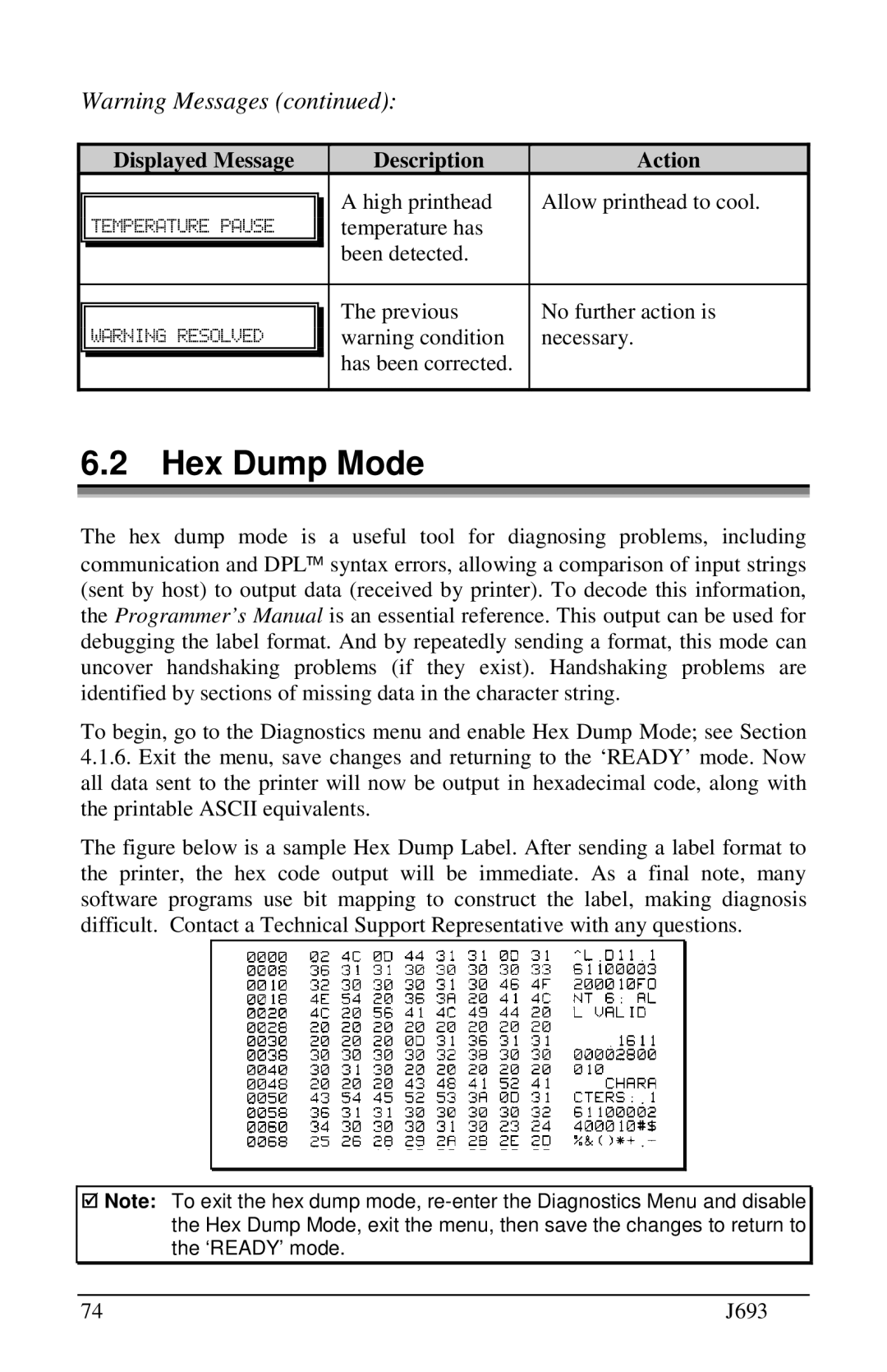 Pitney Bowes J693 manual Hex Dump Mode, Warning Messages continued, Description, Action 