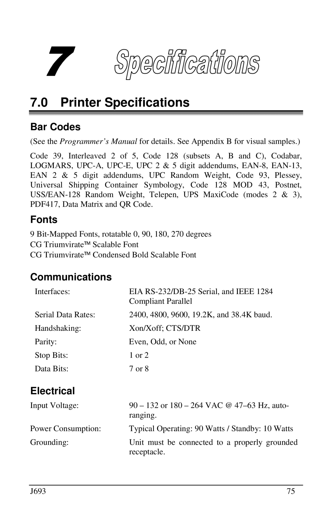 Pitney Bowes J693 manual Printer Specifications, Bar Codes, Fonts, Communications, Electrical 