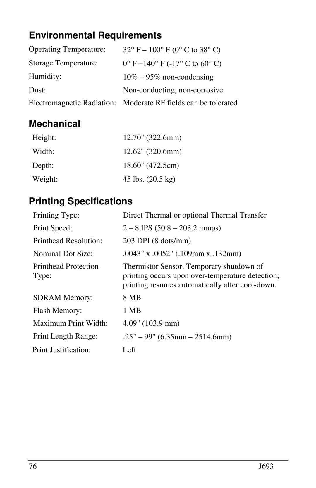 Pitney Bowes J693 manual Environmental Requirements, Mechanical, Printing Specifications 