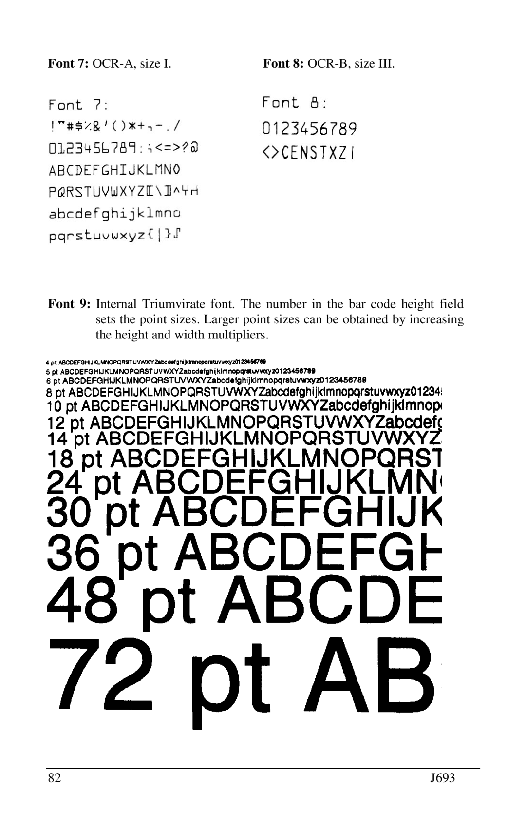 Pitney Bowes J693 manual Font 7 OCR-A, size, Font 8 OCR-B, size 