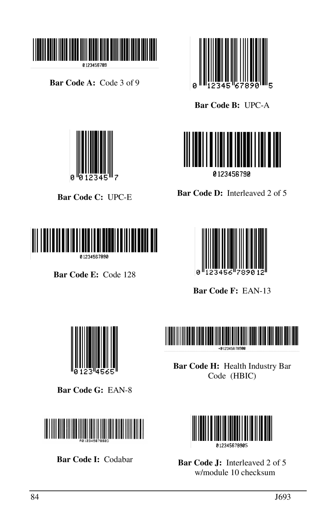 Pitney Bowes J693 manual Bar Code A Code 3 of Bar Code C UPC-E Bar Code E Code, Bar Code G EAN-8 Bar Code I Codabar 