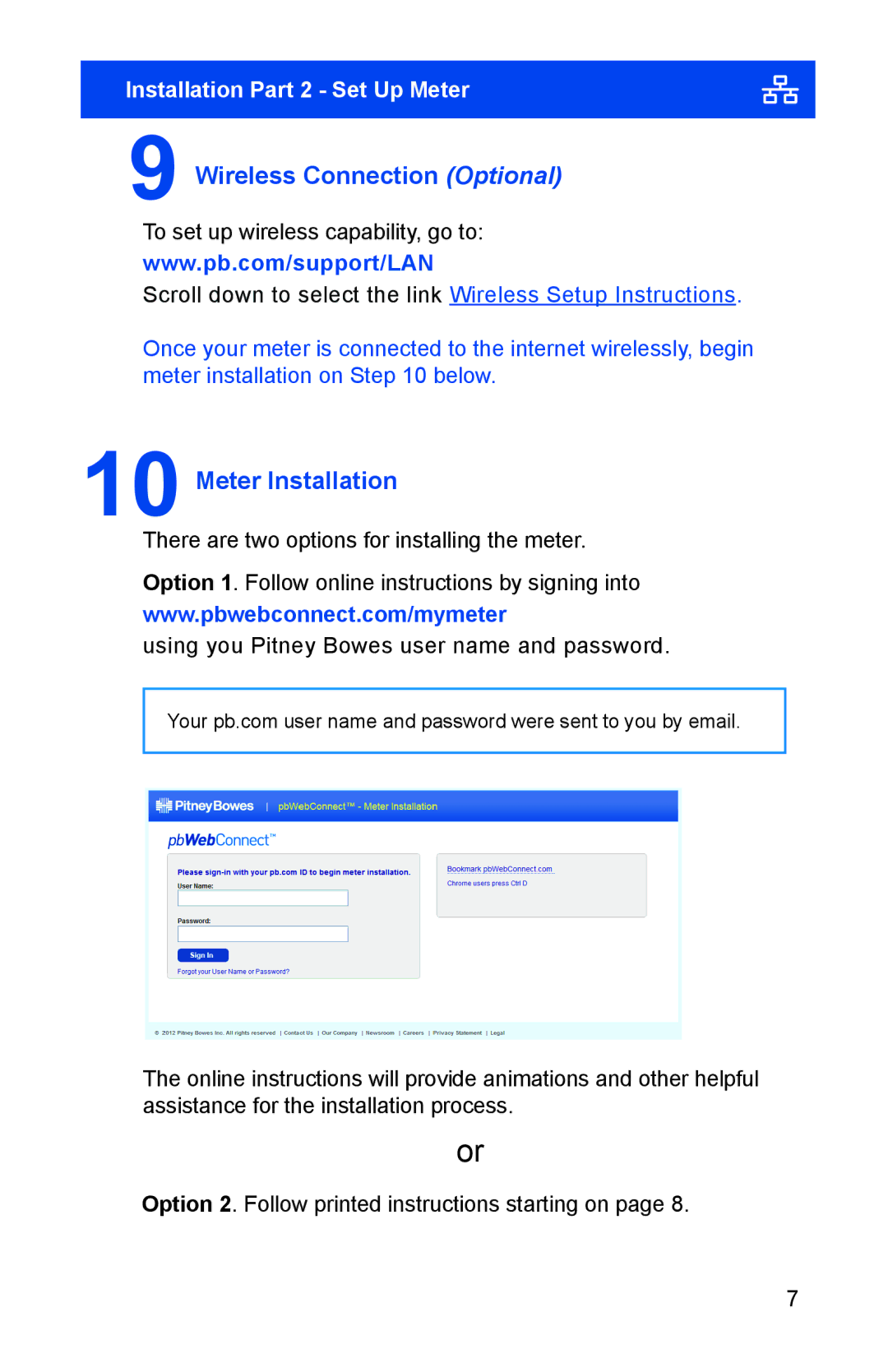 Pitney Bowes K700. K7M0 manual Wireless Connection Optional, Meter Installation 