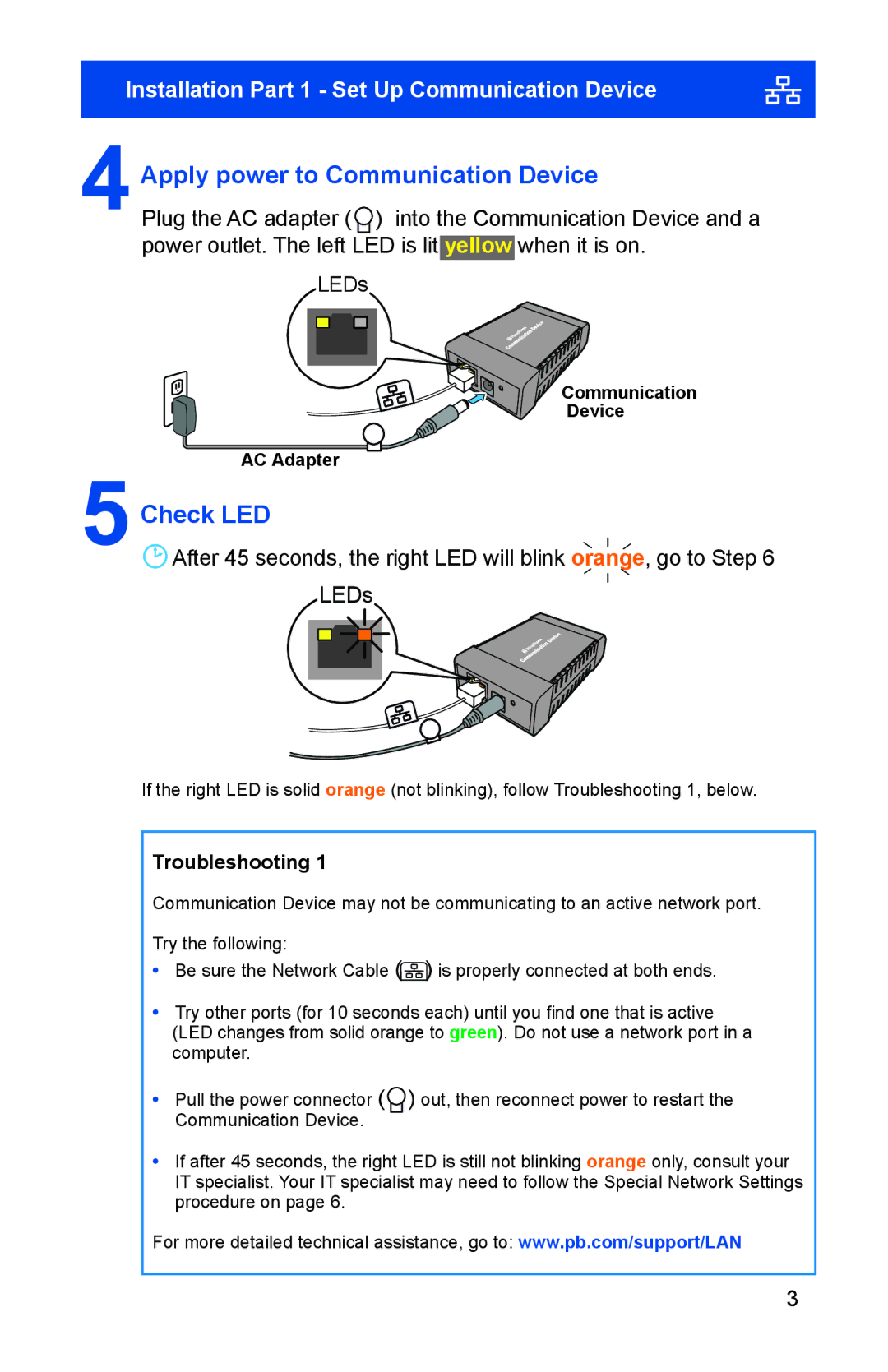 Pitney Bowes K700. K7M0 manual 4Apply power to Communication Device, 5Check LED 