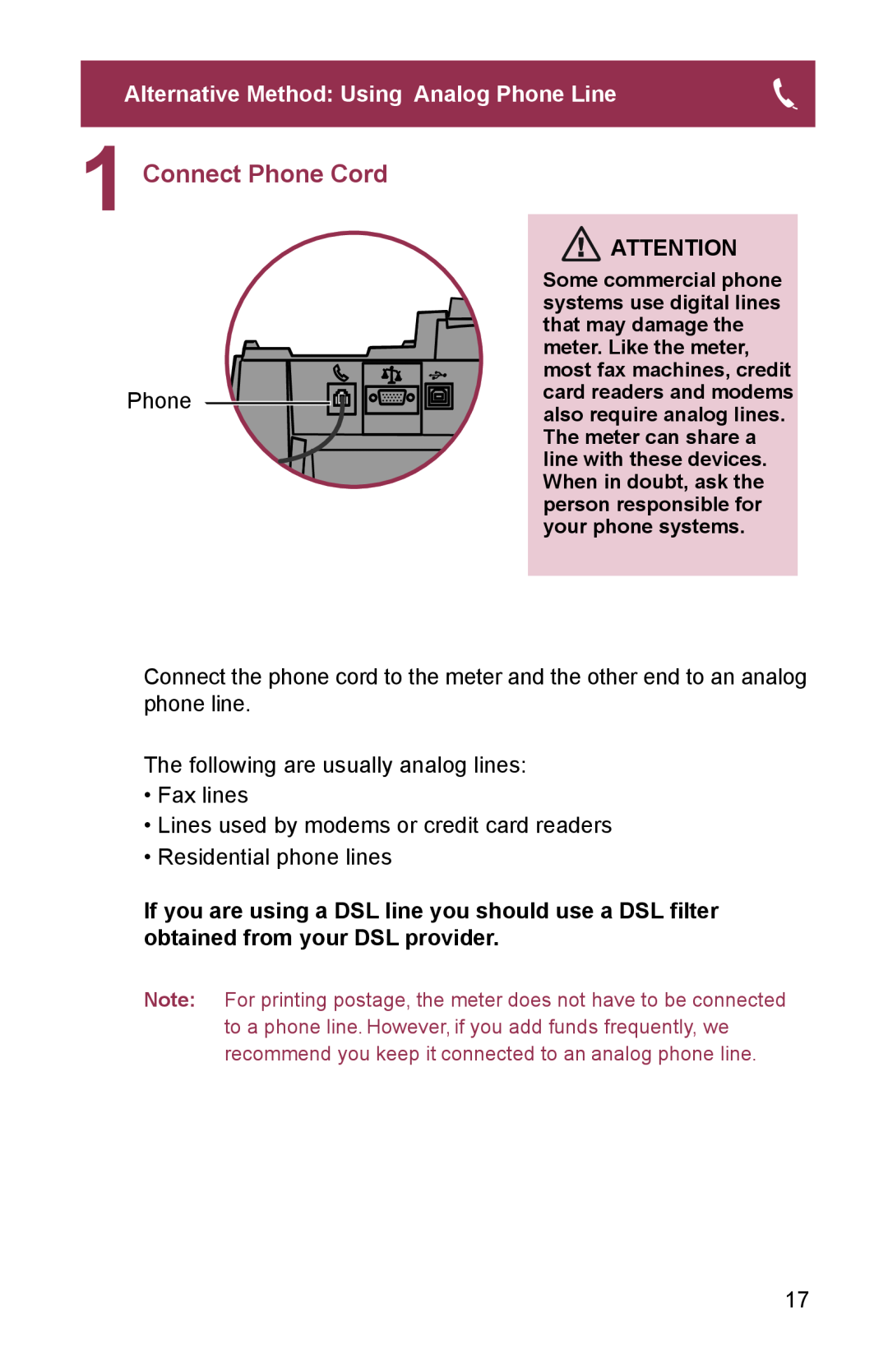 Pitney Bowes K700. K7M0 manual Connect Phone Cord, Alternative Method Using Analog Phone Line 