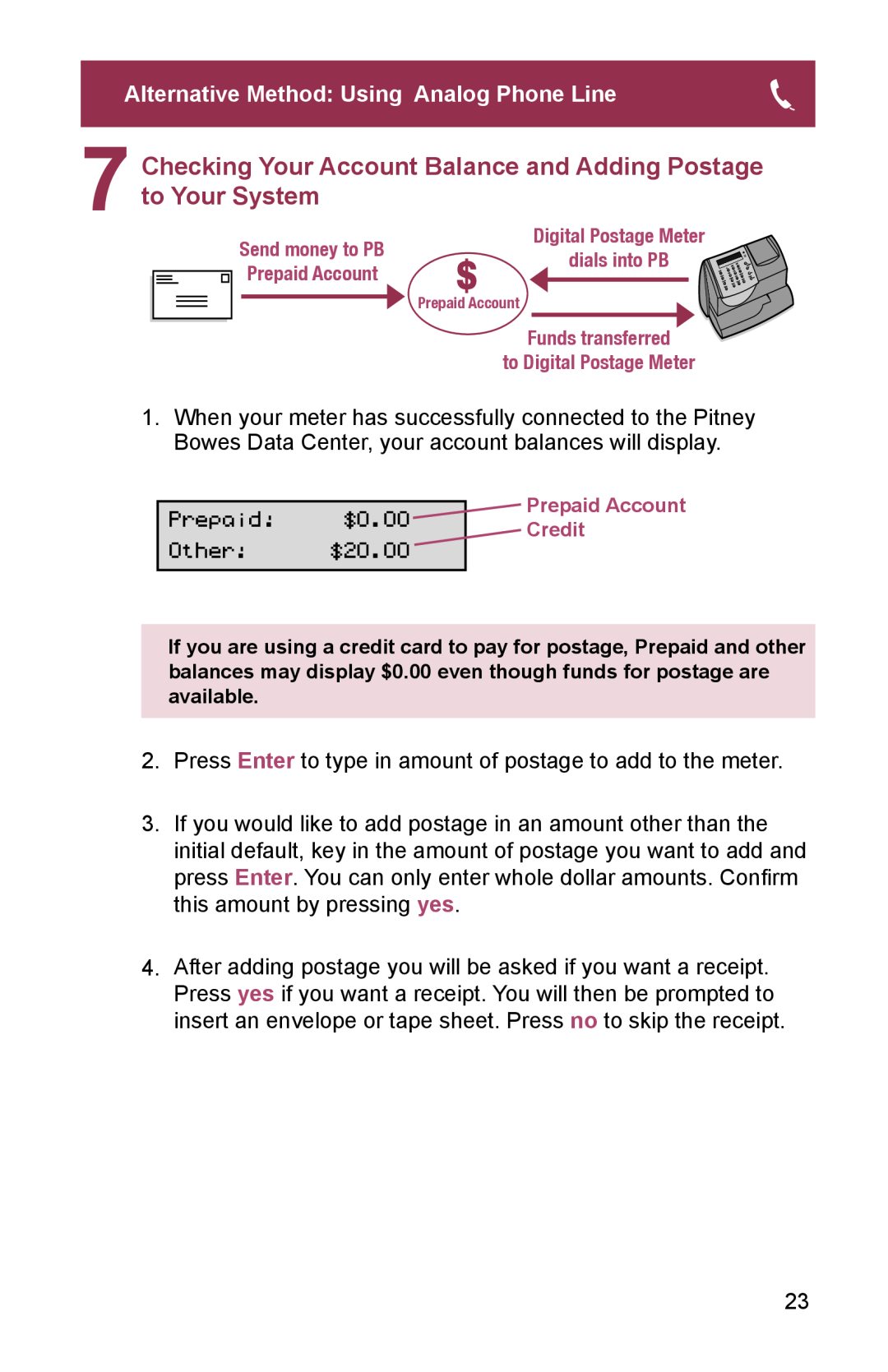 Pitney Bowes K700. K7M0 manual Checking Your Account Balance and Adding Postage to Your System, Prepaid Account, Credit 