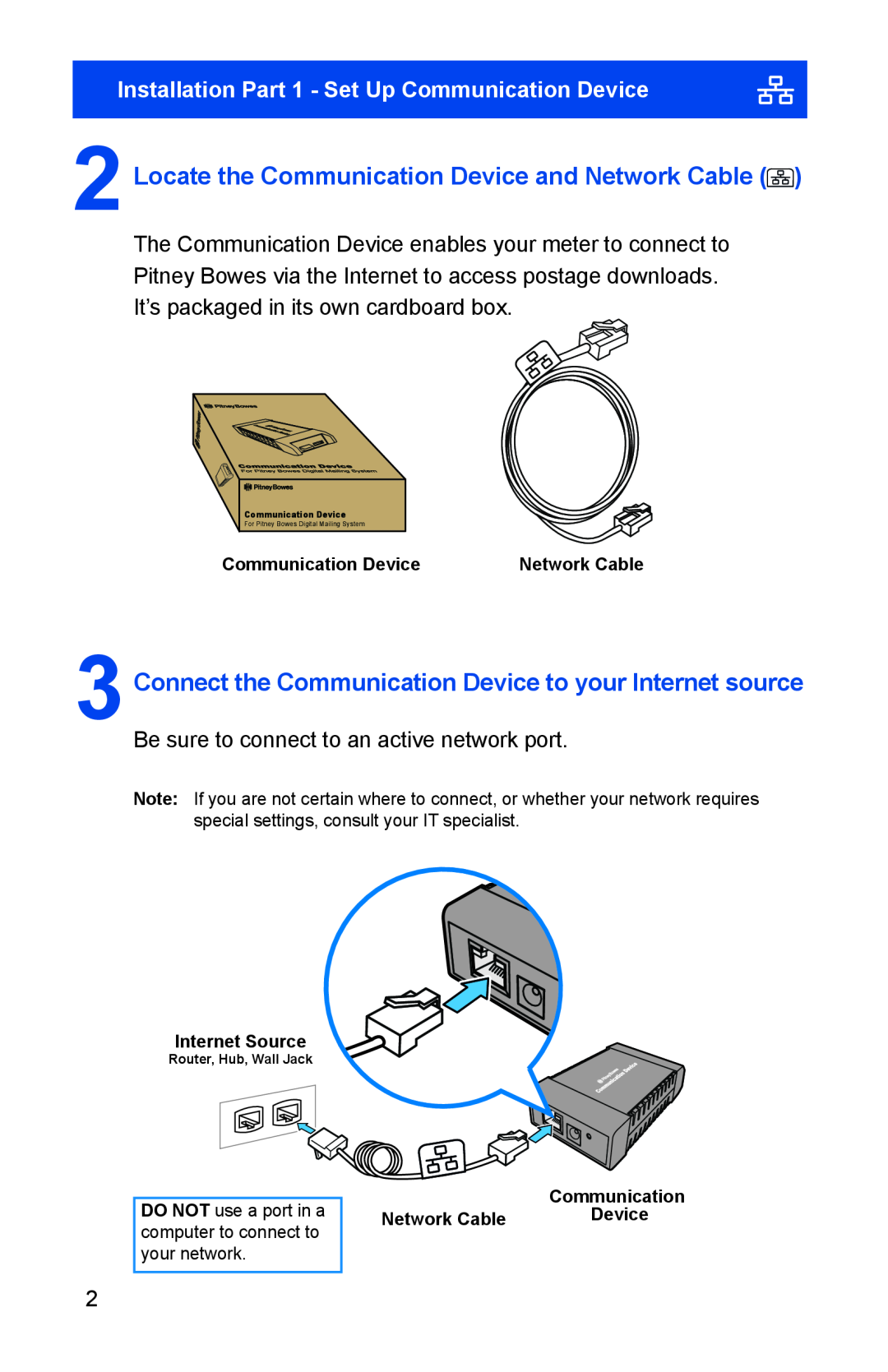 Pitney Bowes K700. K7M0 manual Locate the Communication Device and Network Cable, Internet Source, Router, Hub, Wall Jack 