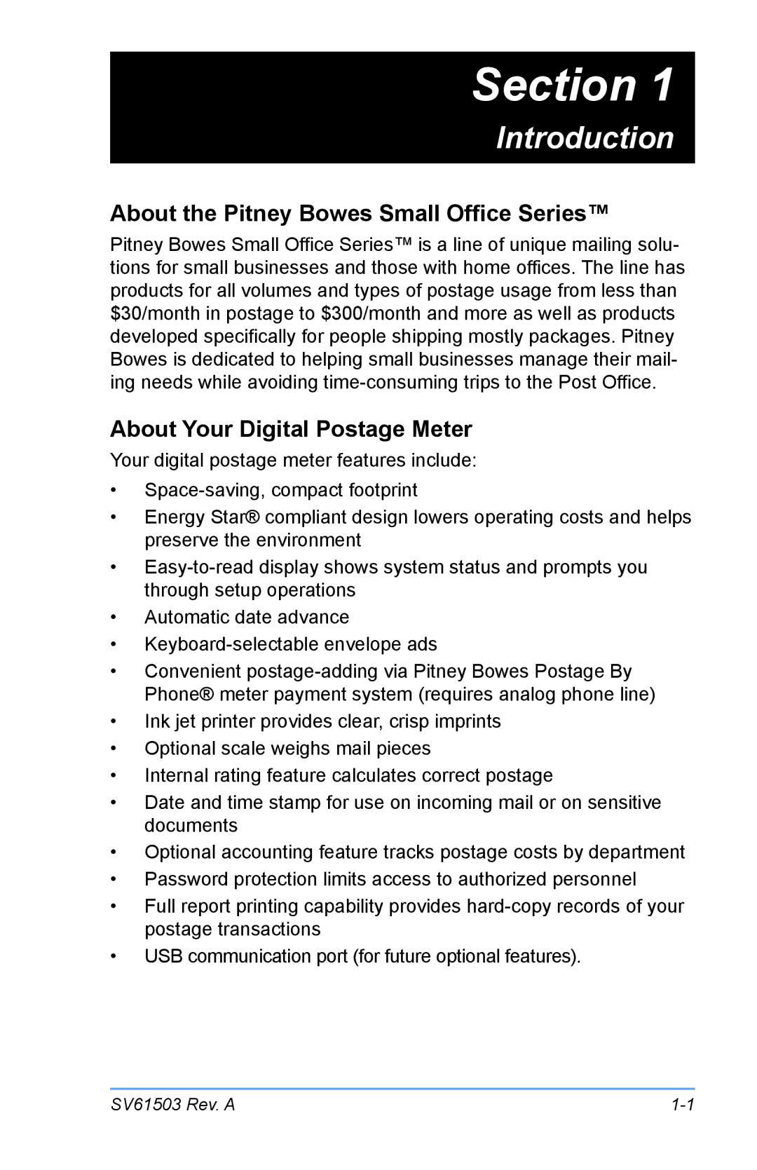 Pitney Bowes K700 manual Introduction, About the Pitney Bowes Small Office Series, About Your Digital Postage Meter 