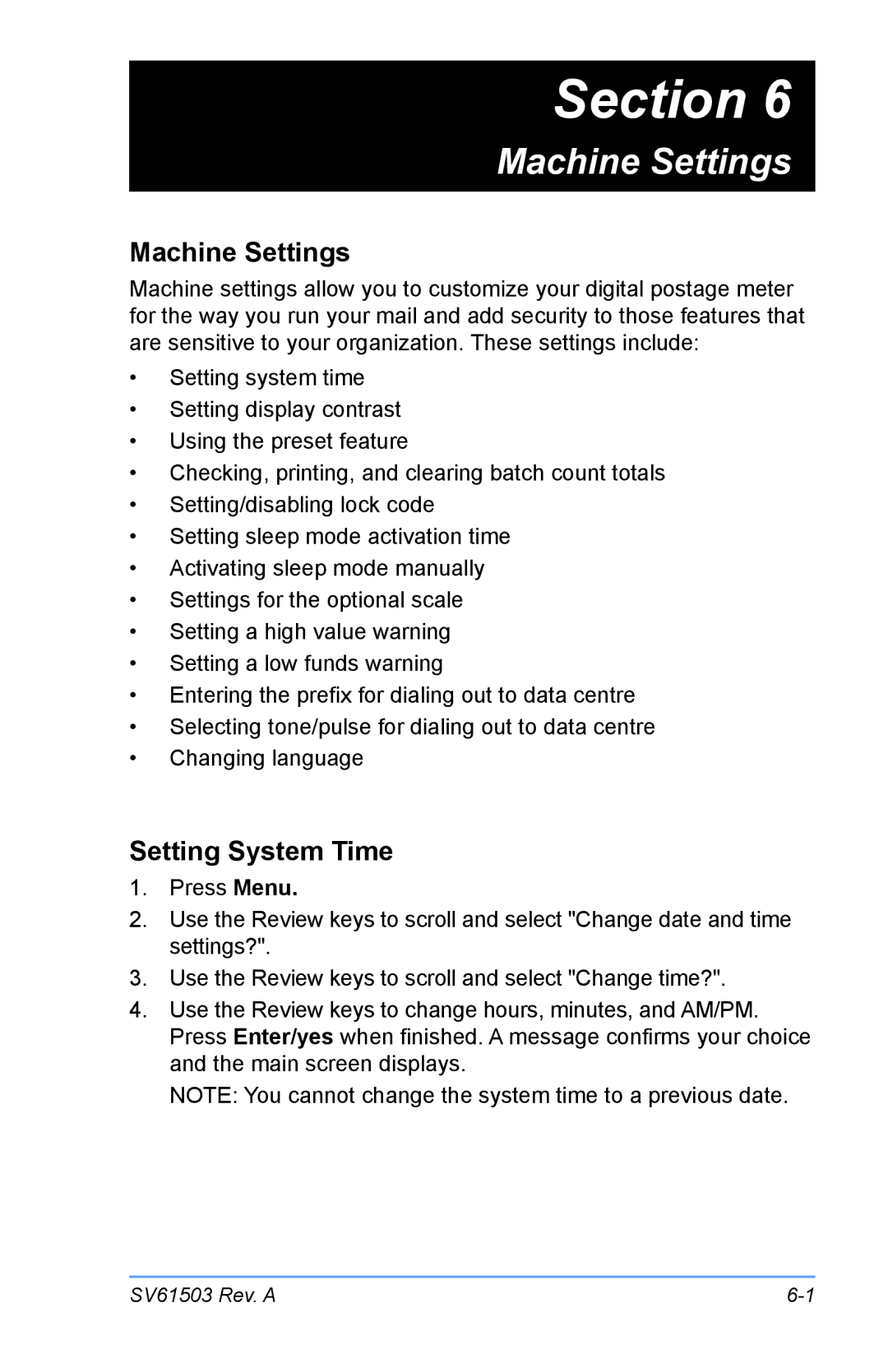 Pitney Bowes K700 manual Machine Settings, Setting System Time 