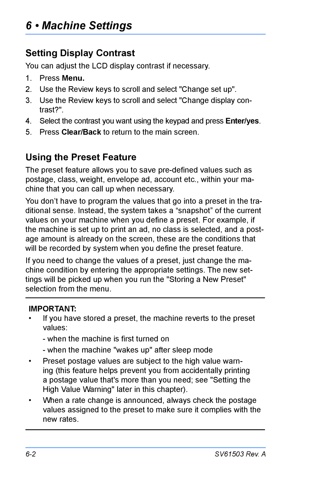 Pitney Bowes K700 manual Machine Settings, Setting Display Contrast, Using the Preset Feature 