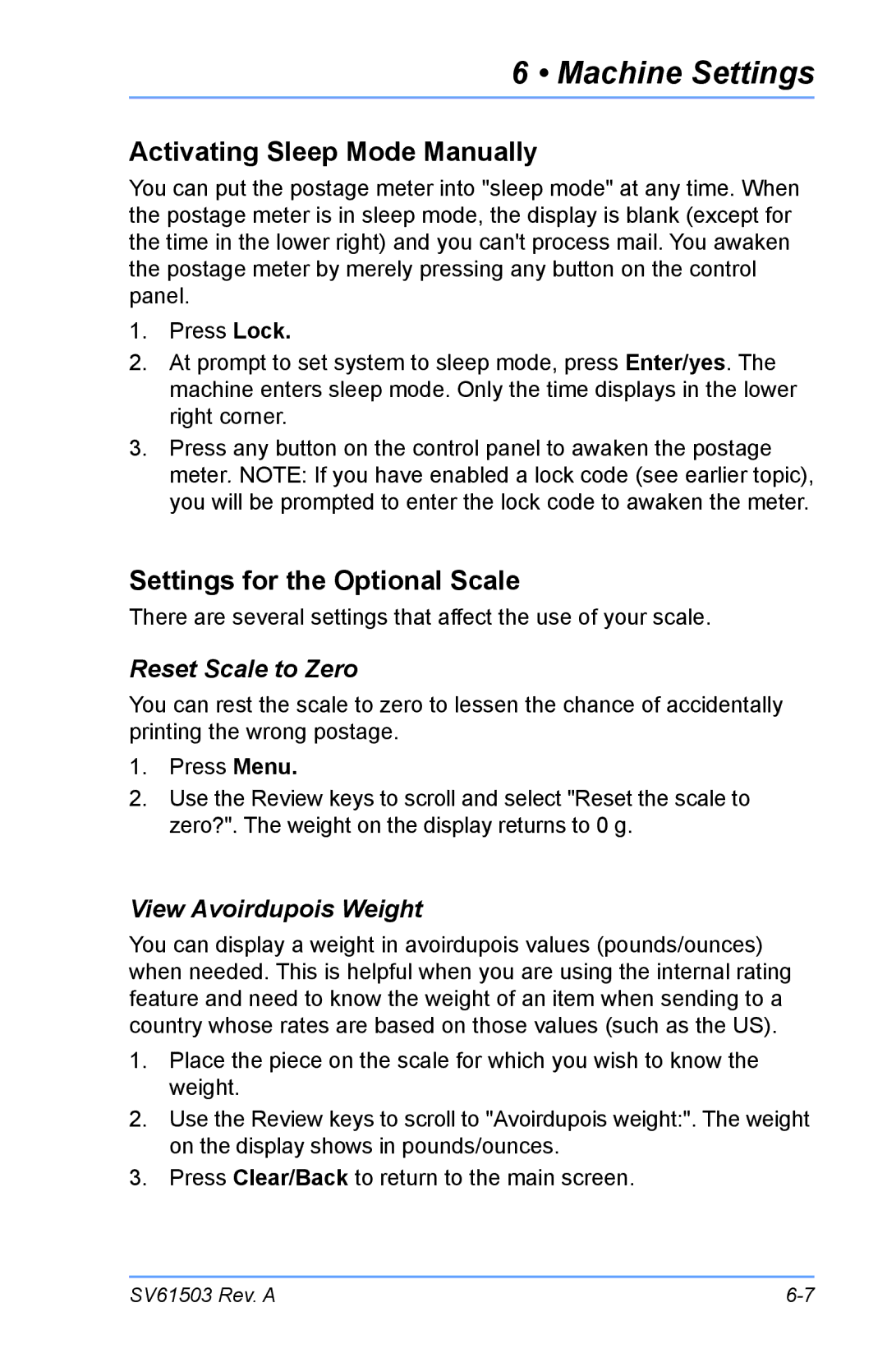 Pitney Bowes K700 manual Activating Sleep Mode Manually, Settings for the Optional Scale, Reset Scale to Zero 