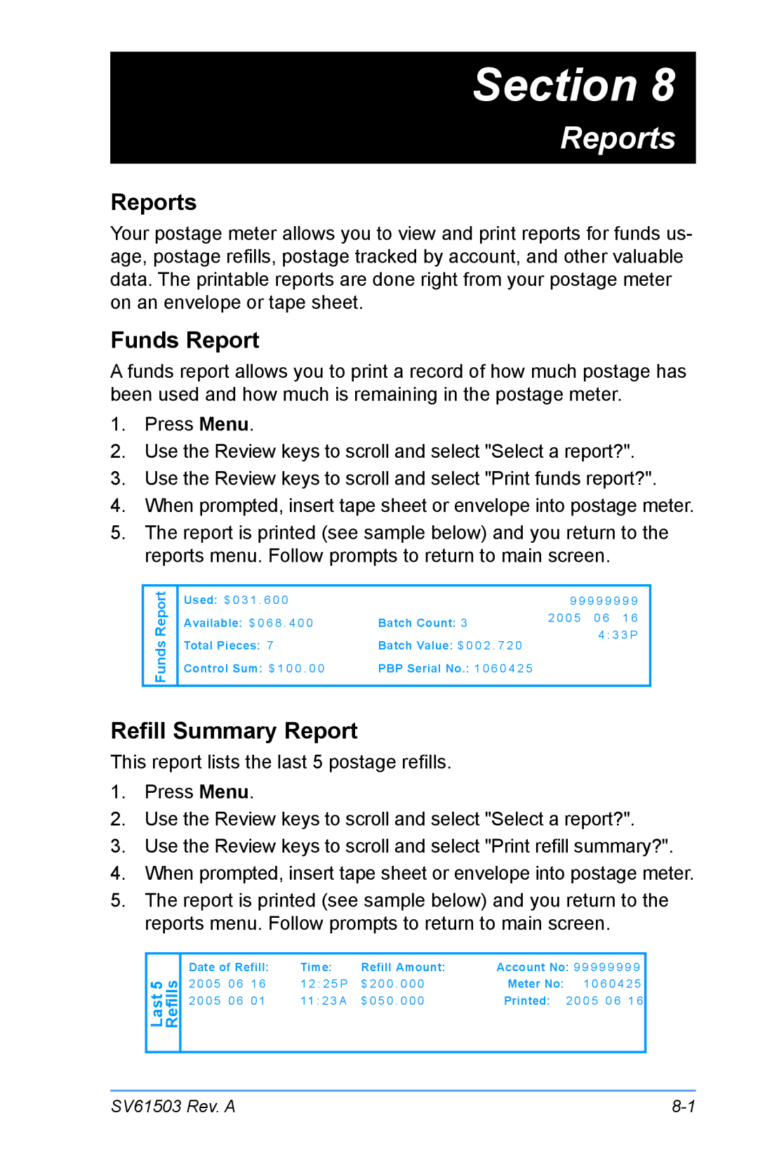 Pitney Bowes K700 manual Reports, Funds Report, Refill Summary Report 