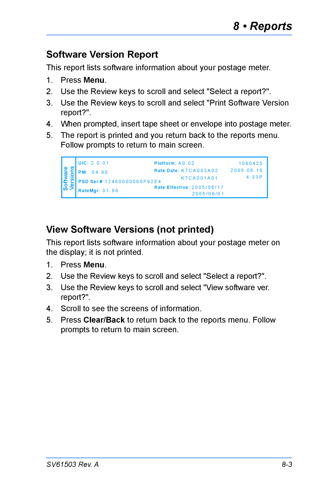 Pitney Bowes K700 manual Software Version Report, View Software Versions not printed 