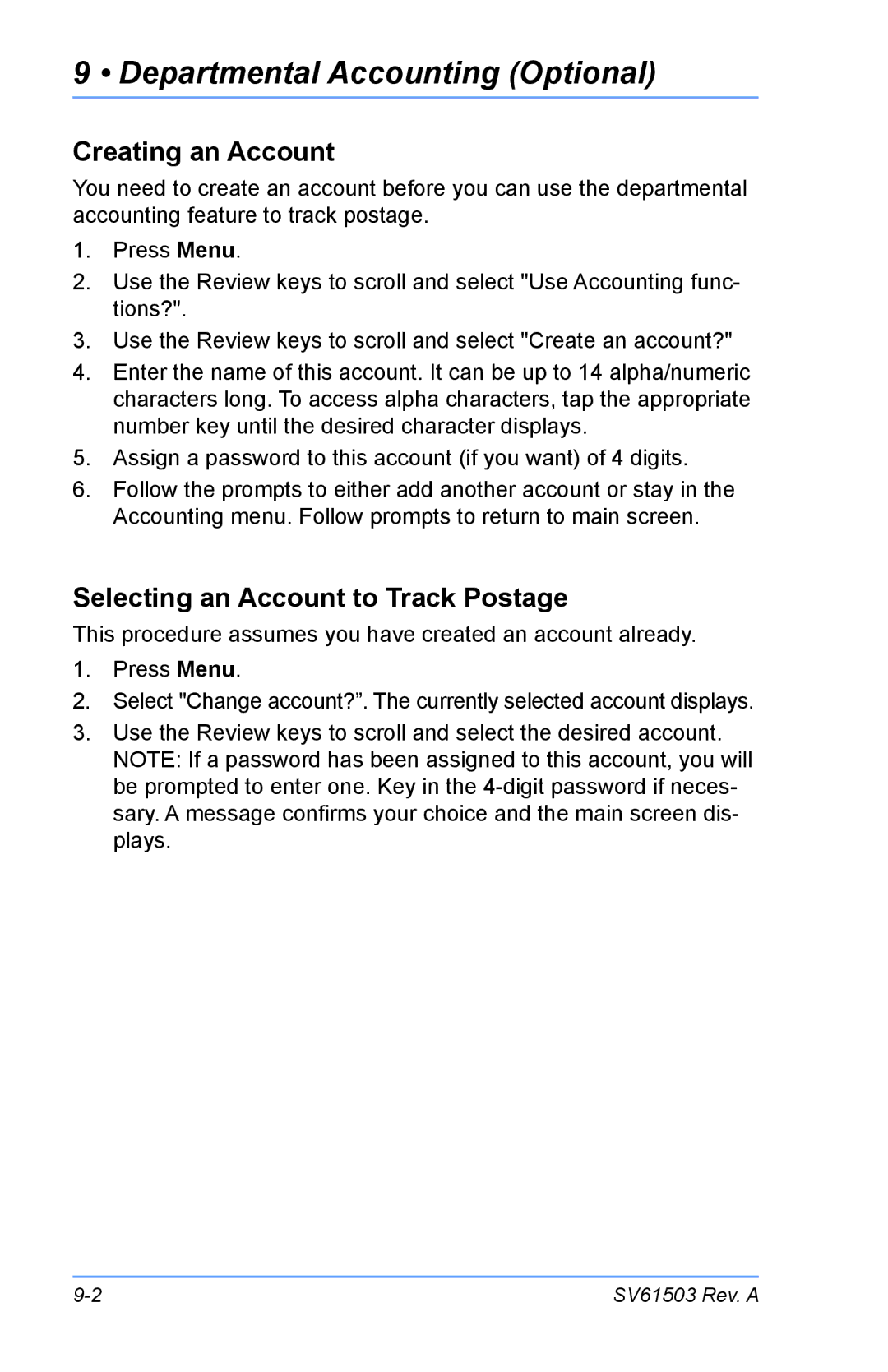 Pitney Bowes K700 manual Departmental Accounting Optional, Creating an Account, Selecting an Account to Track Postage 