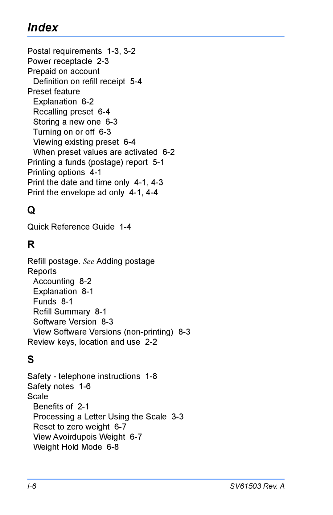 Pitney Bowes K700 manual Index 