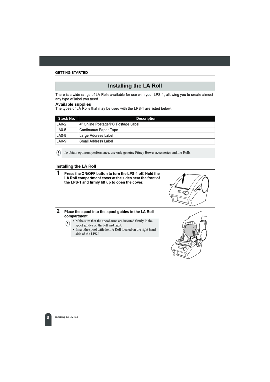 Pitney Bowes LPS-1 manual Installing the LA Roll, Available supplies 