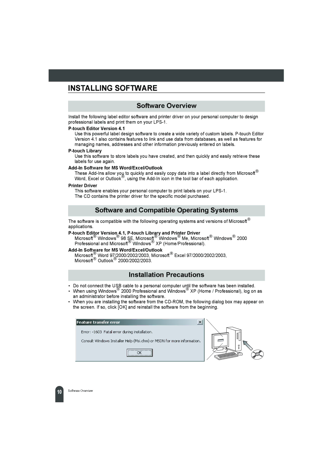 Pitney Bowes LPS-1 manual Software Overview, Software and Compatible Operating Systems, Installation Precautions 