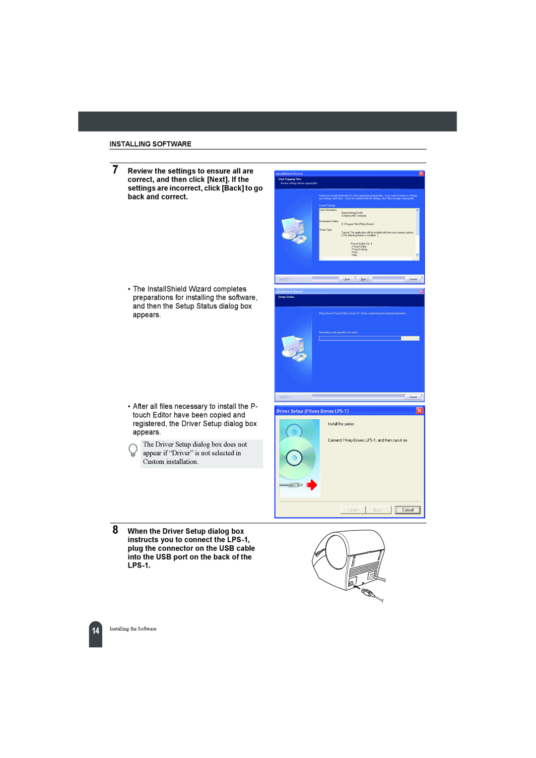 Pitney Bowes LPS-1 manual Installing Software 