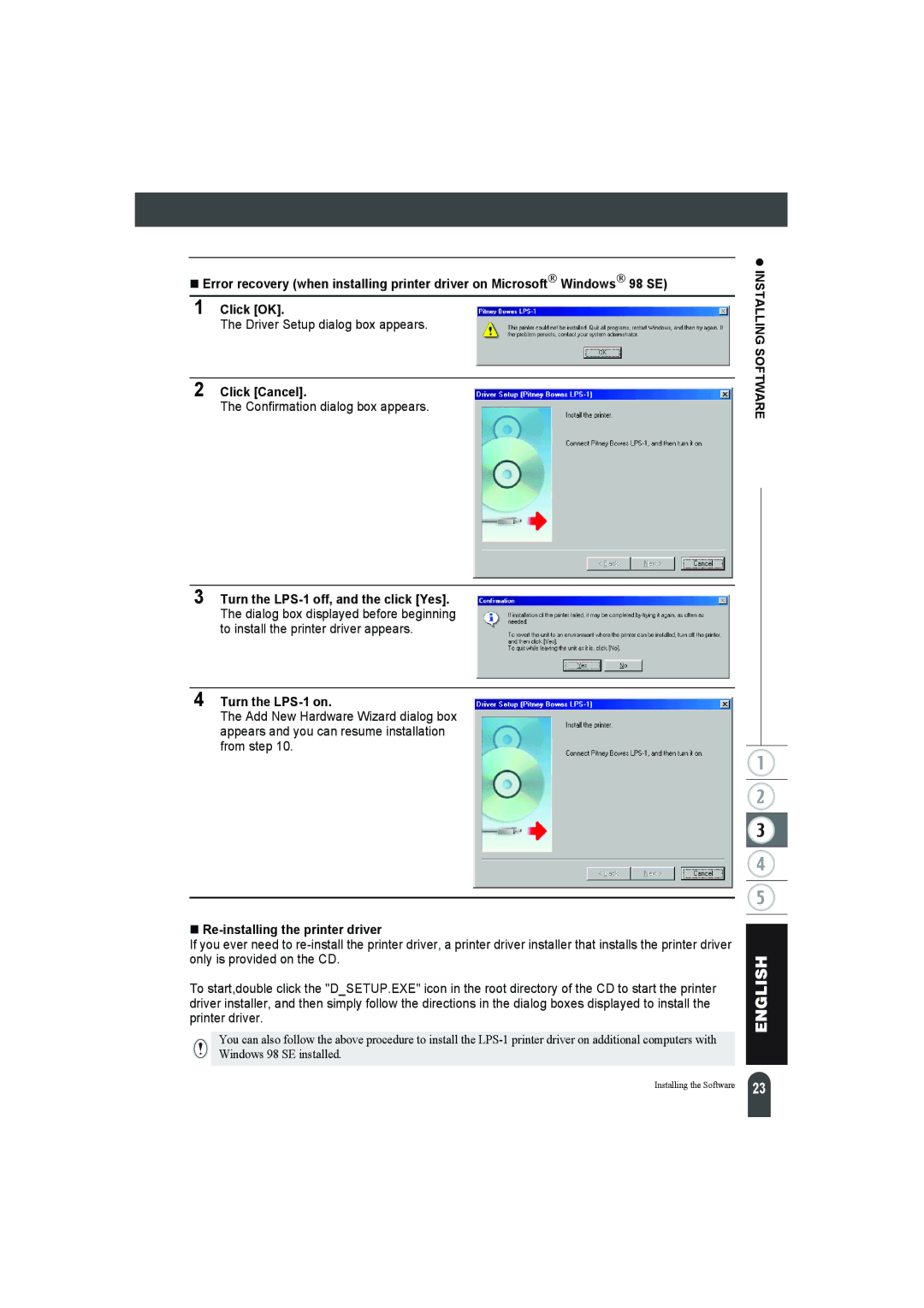 Pitney Bowes LPS-1 manual Driver Setup dialog box appears, Click Cancel, Confirmation dialog box appears 