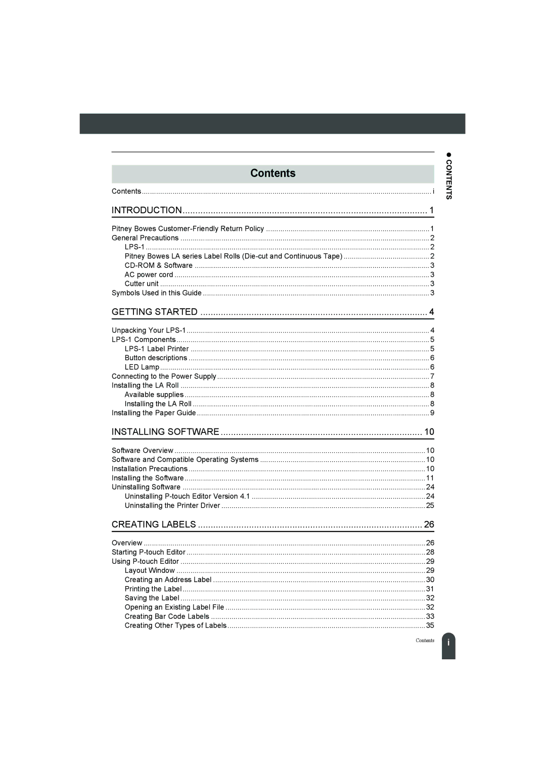 Pitney Bowes LPS-1 manual Contents 